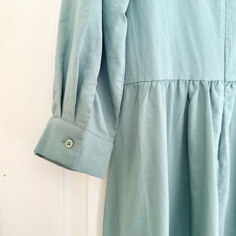 Teal A-Line Pleated Dress with Bishop Sleeves - Picture 6 of 7